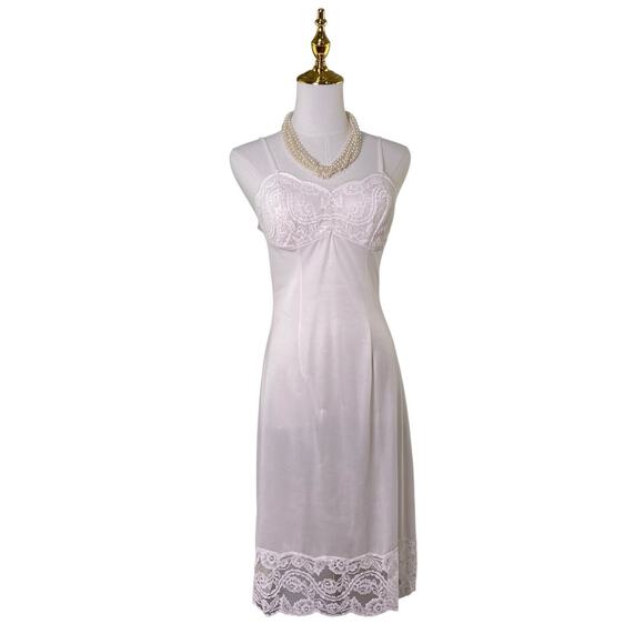 Vintage 60s Perlon Creamy White Nylon Lacy Retro Pinup Full Slip Dress Size S/M - Picture 3 of 15